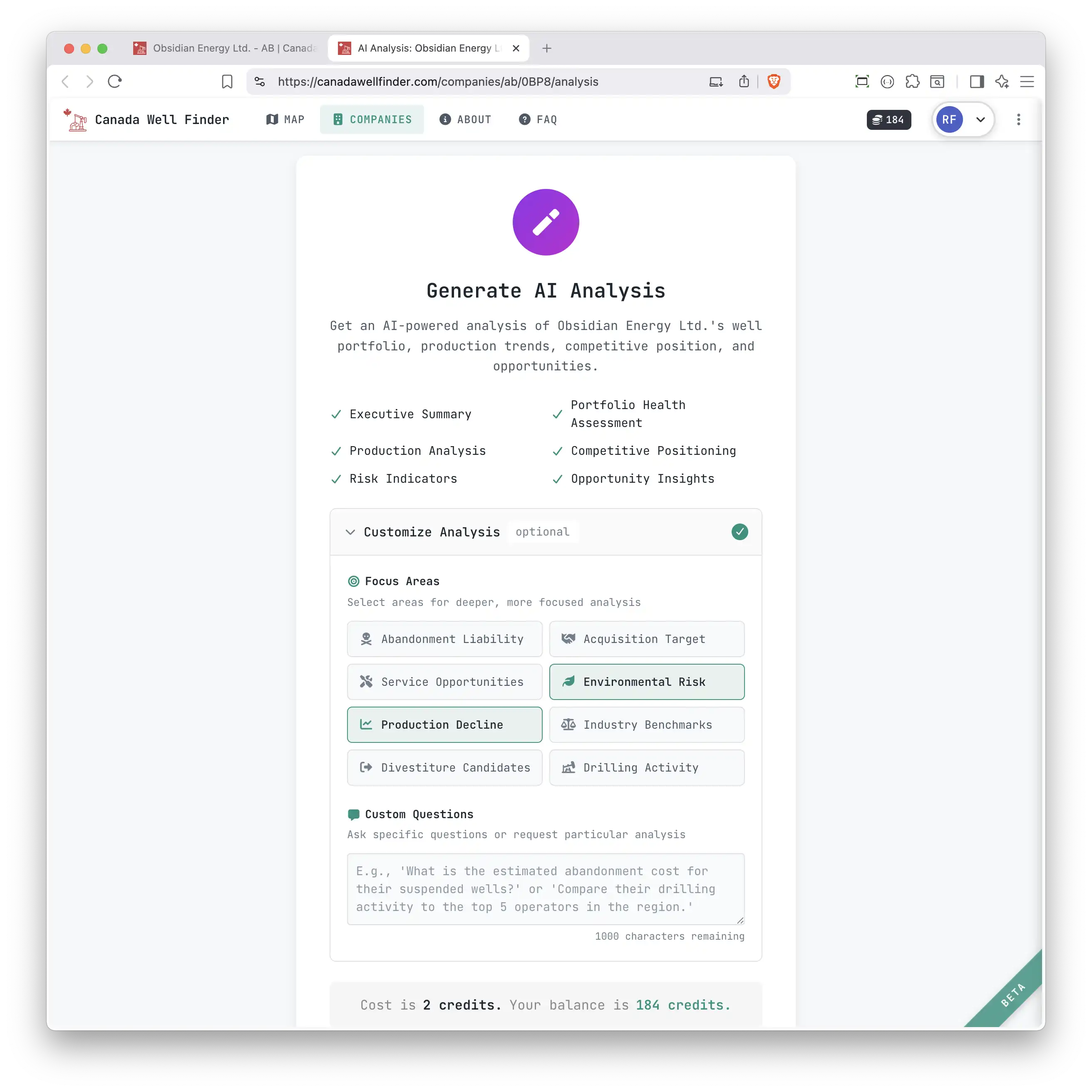 AI analysis report for an individual well showing regional context