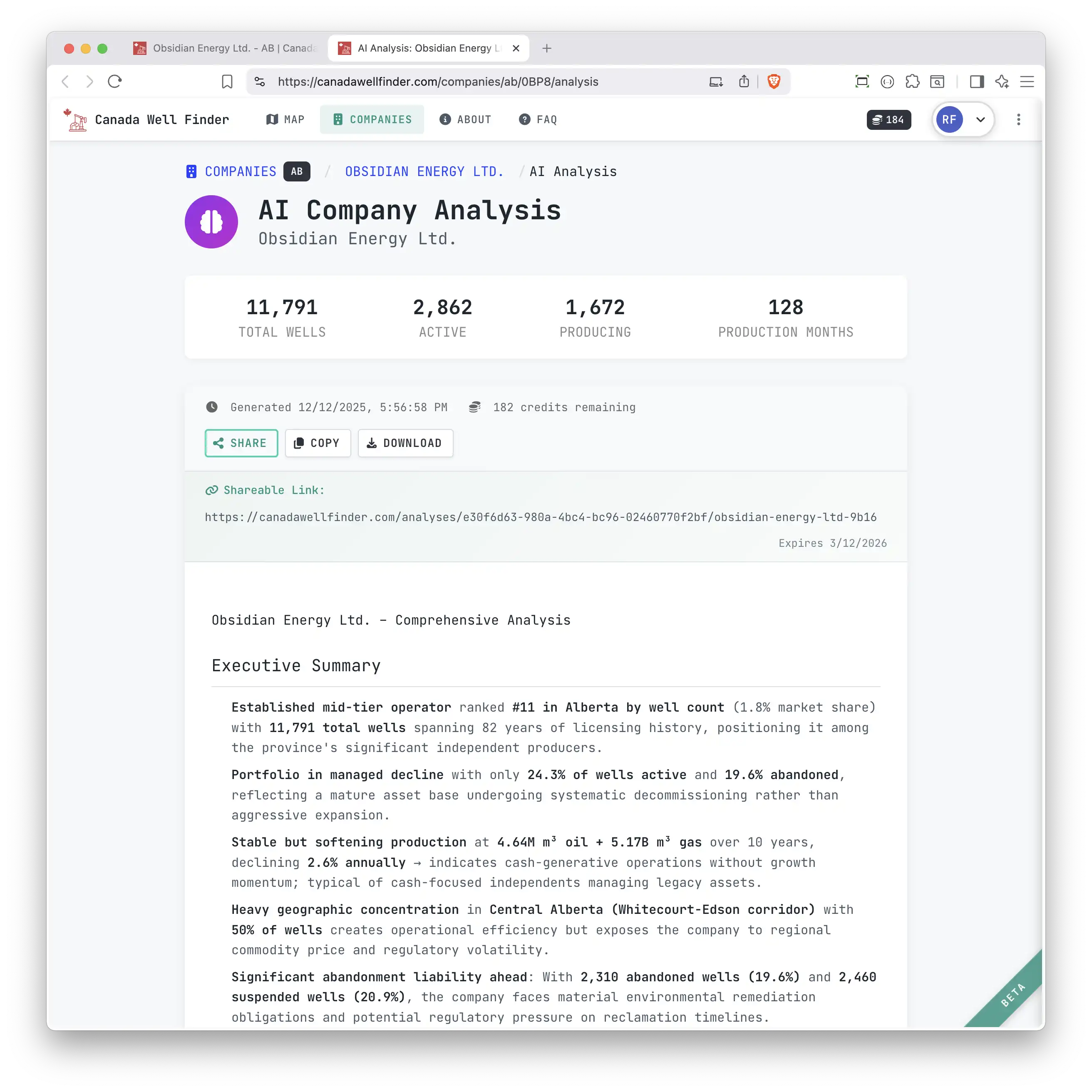 AI analysis report for an individual well showing regional context