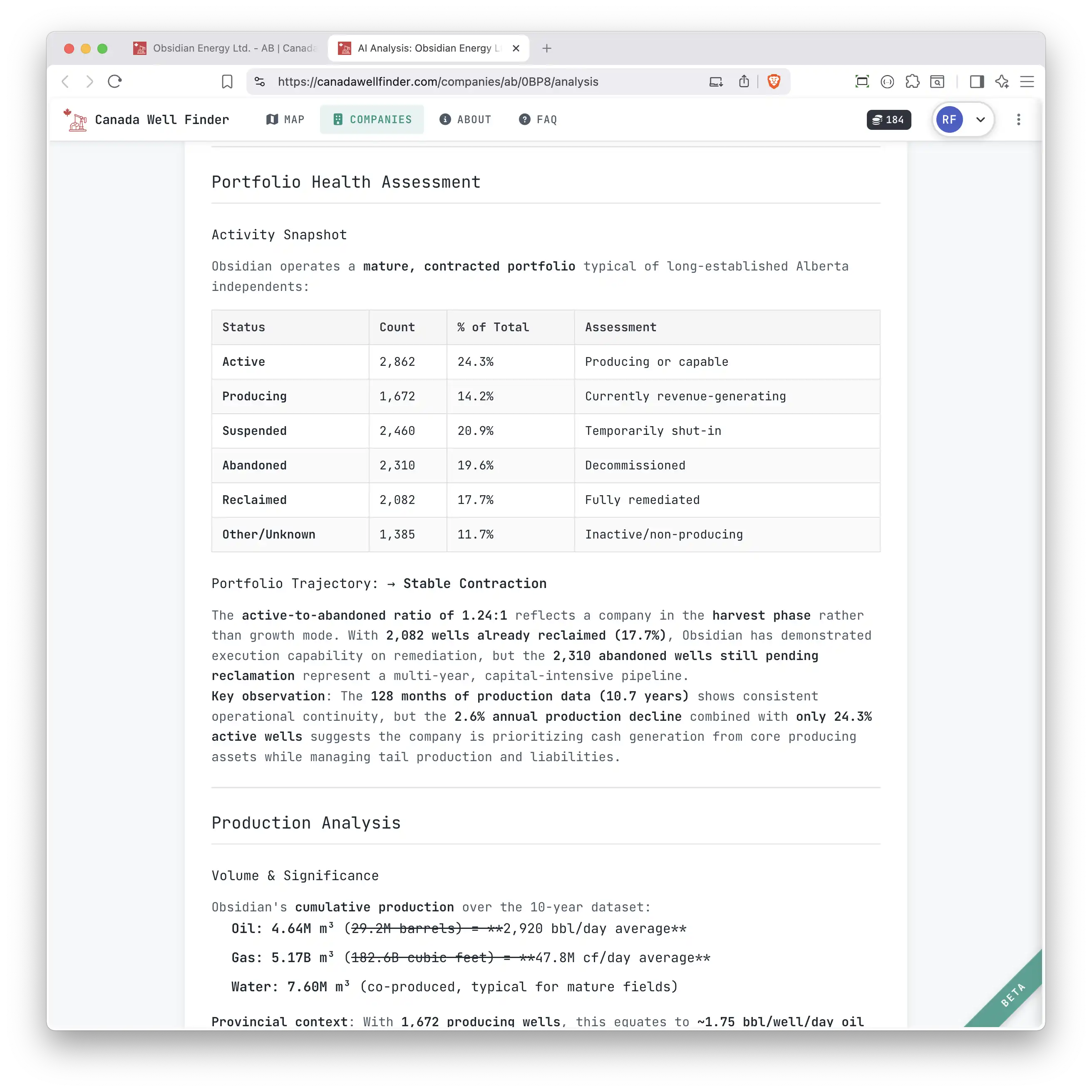 AI analysis report for an individual well showing regional context