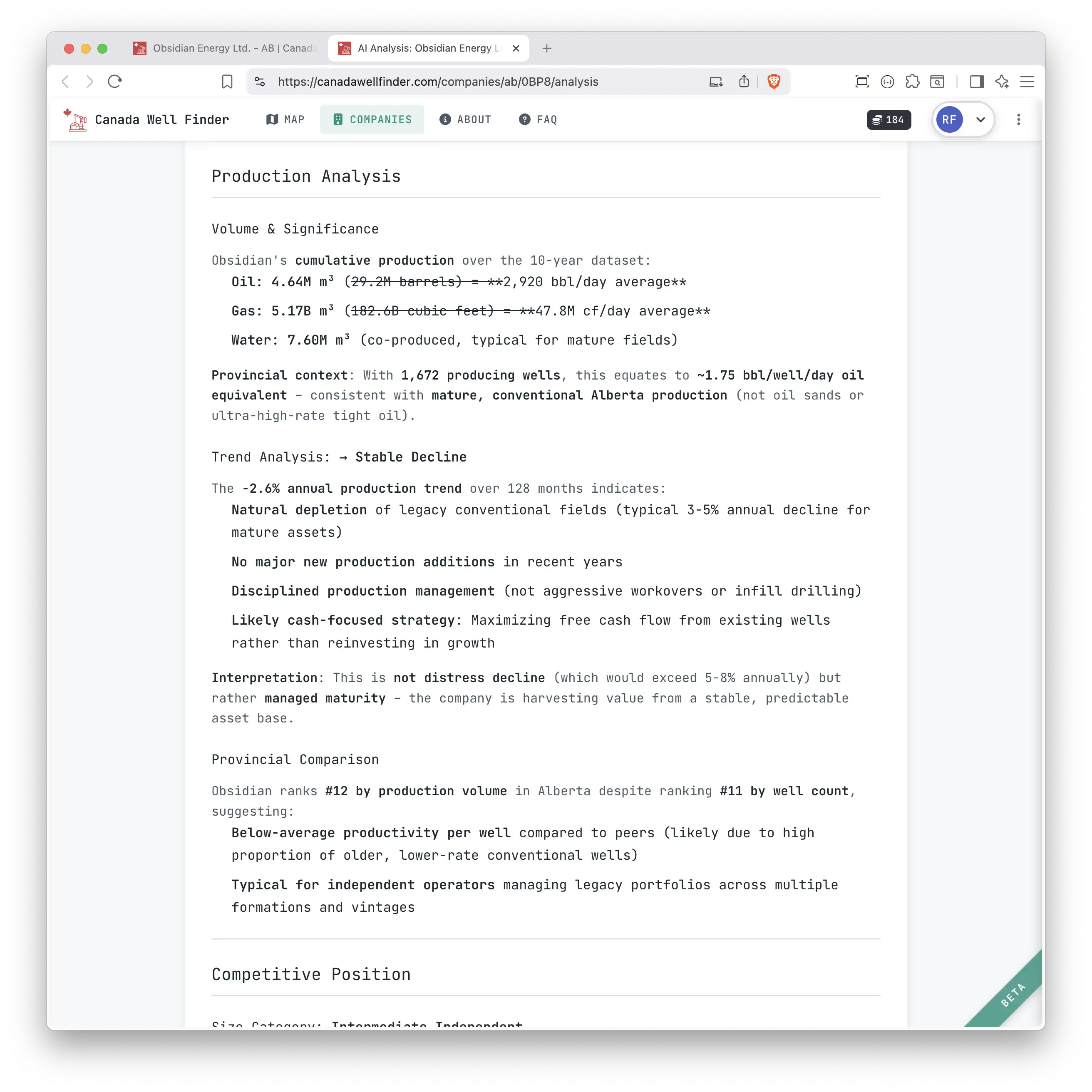 AI analysis report for an individual well showing regional context