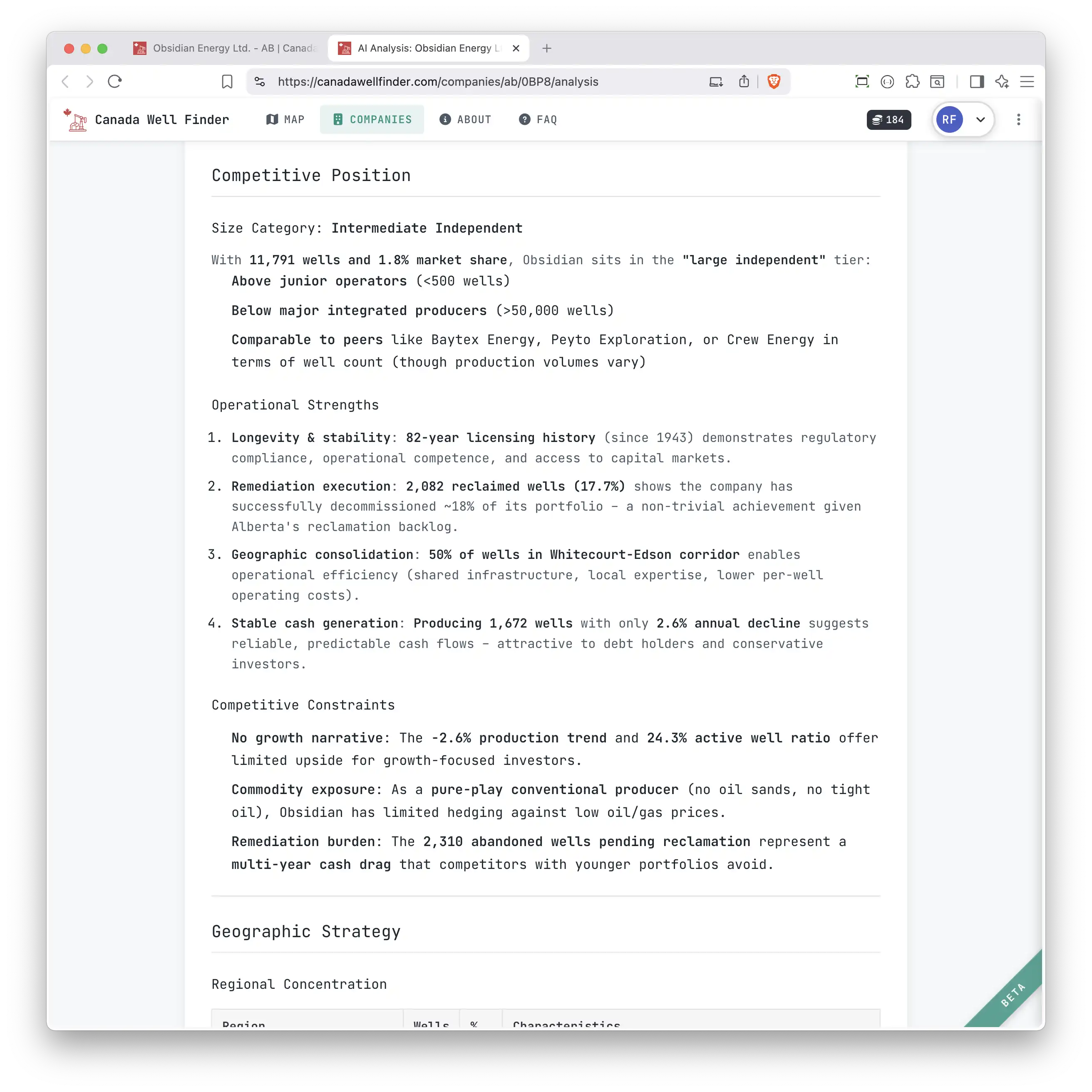 AI analysis report for an individual well showing regional context
