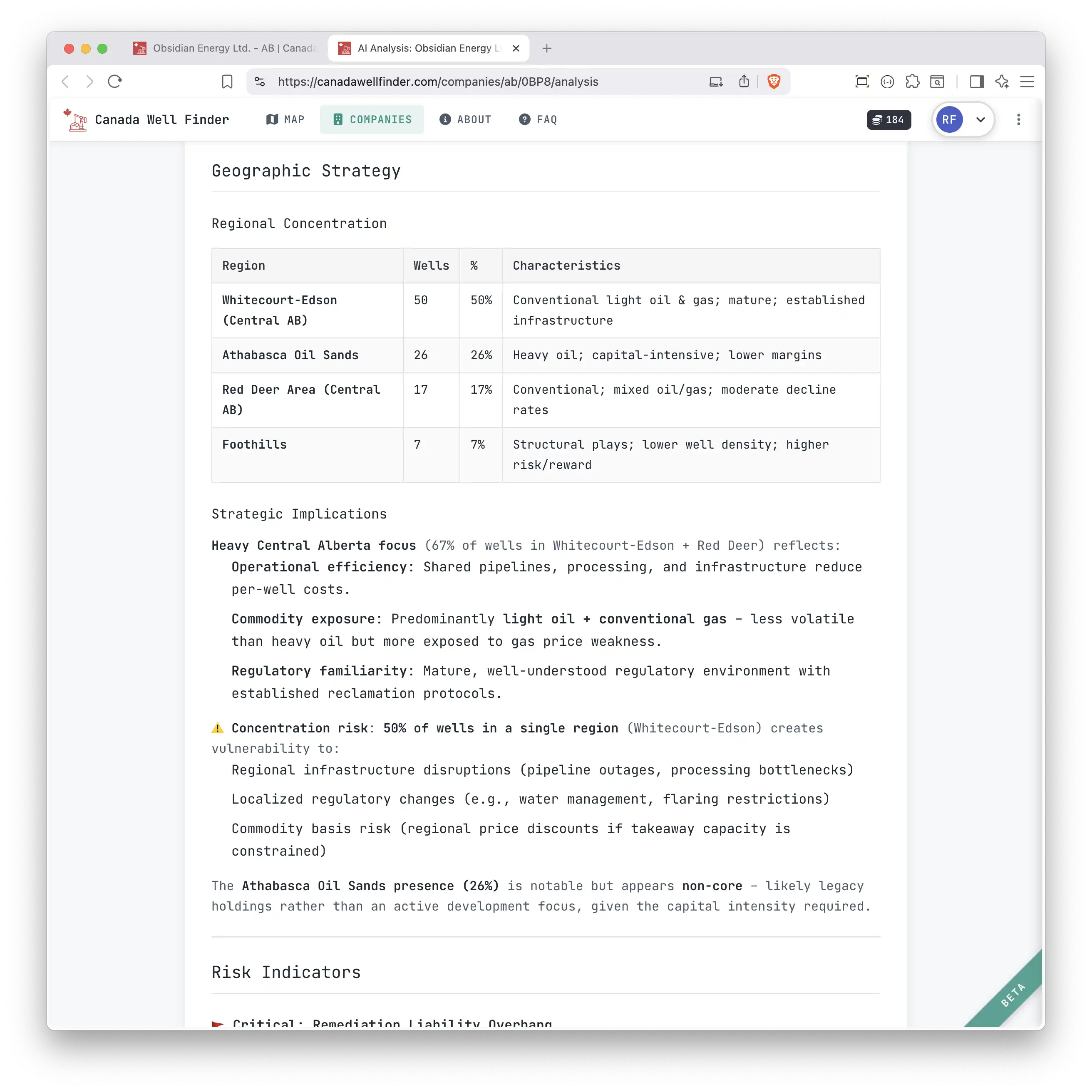 AI analysis report for an individual well showing regional context
