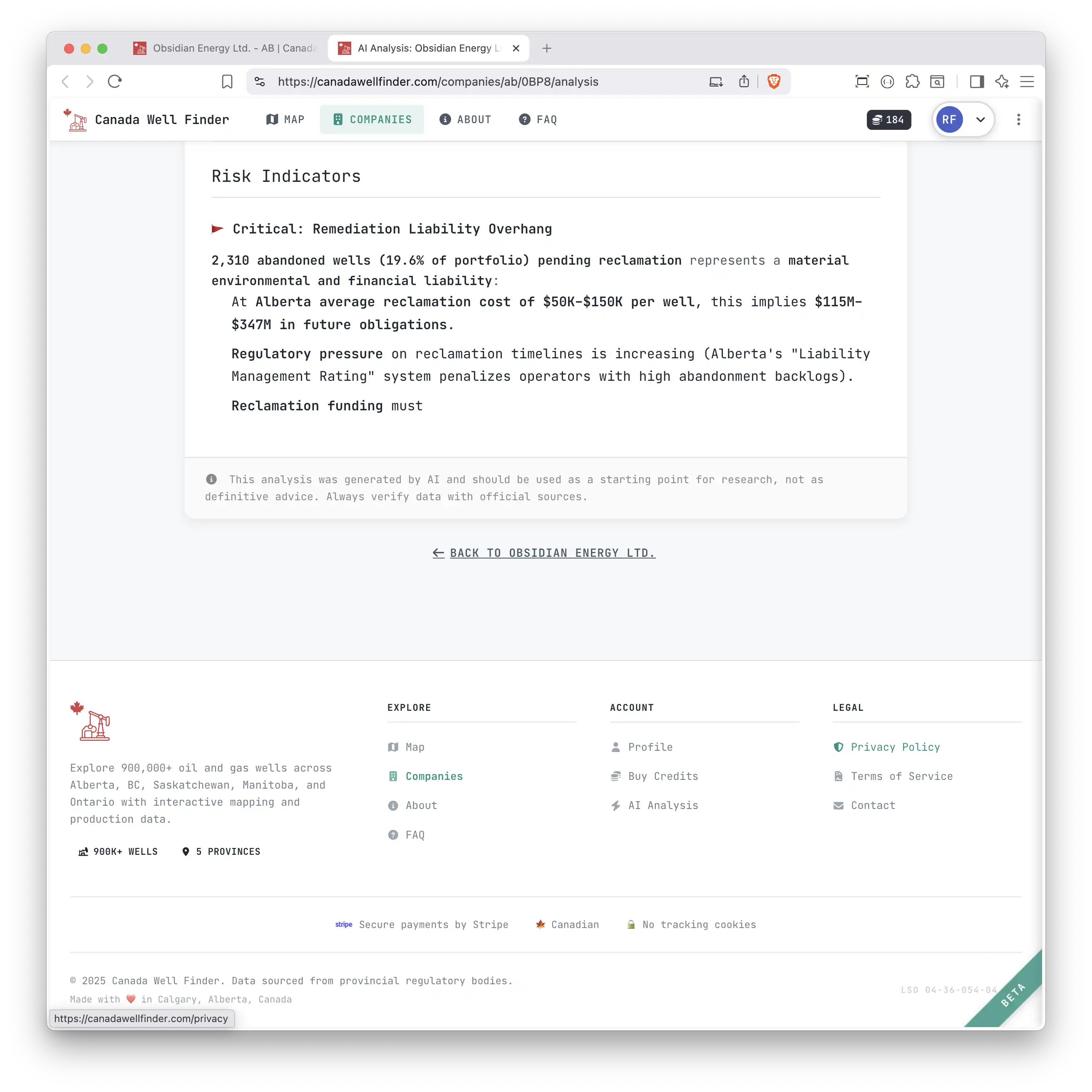 AI analysis report for an individual well showing regional context