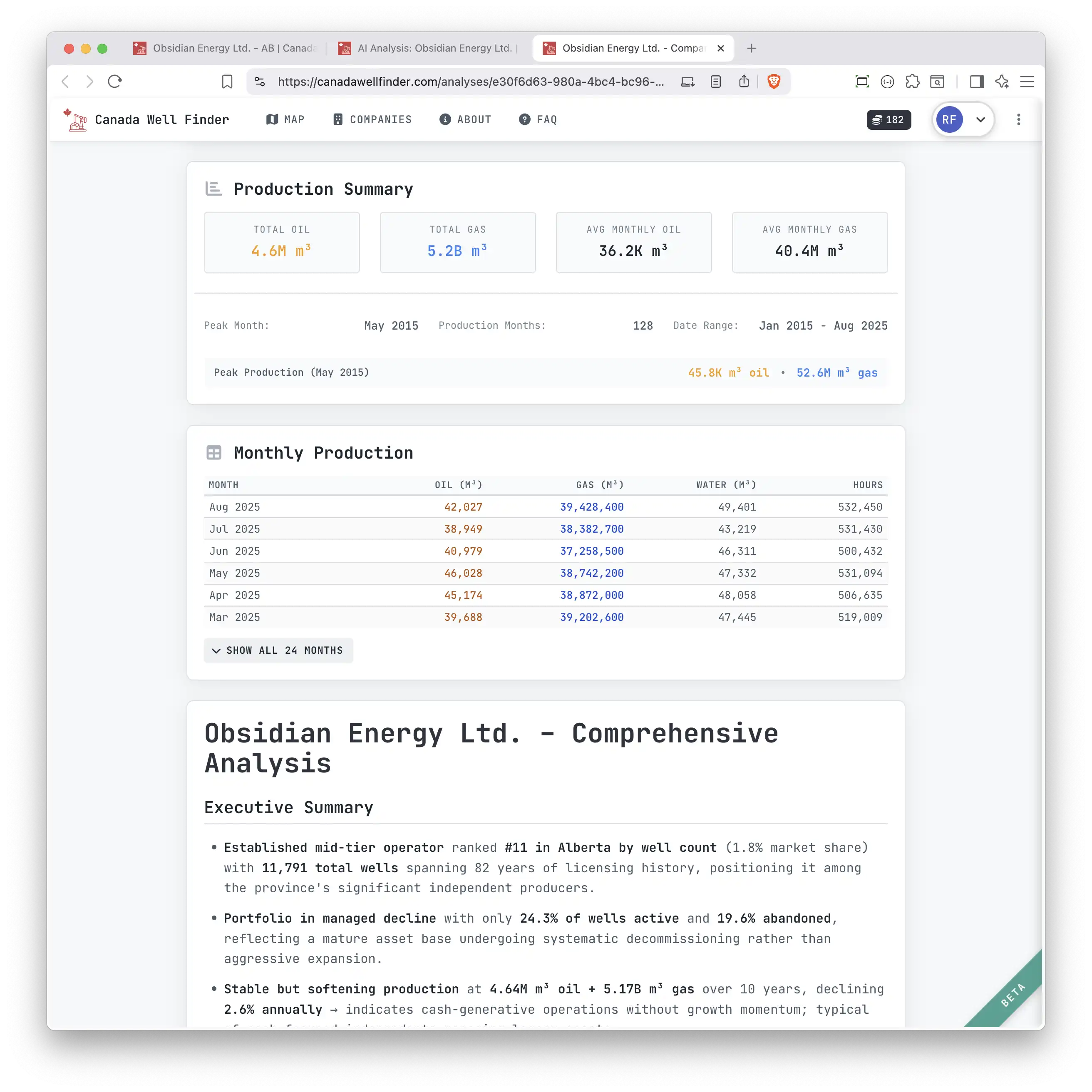 AI analysis report for an individual well showing regional context