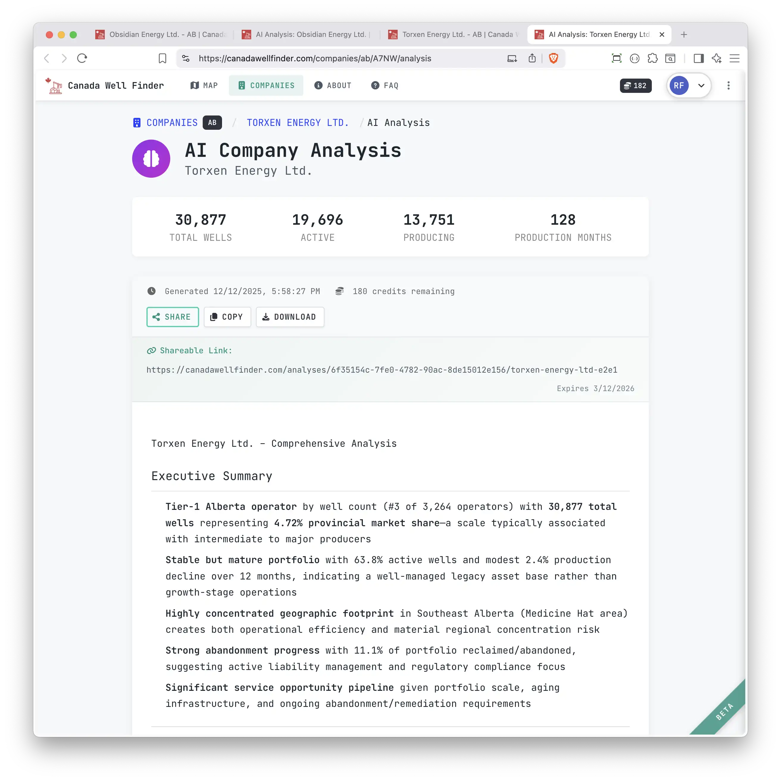 AI analysis report for an individual well showing regional context