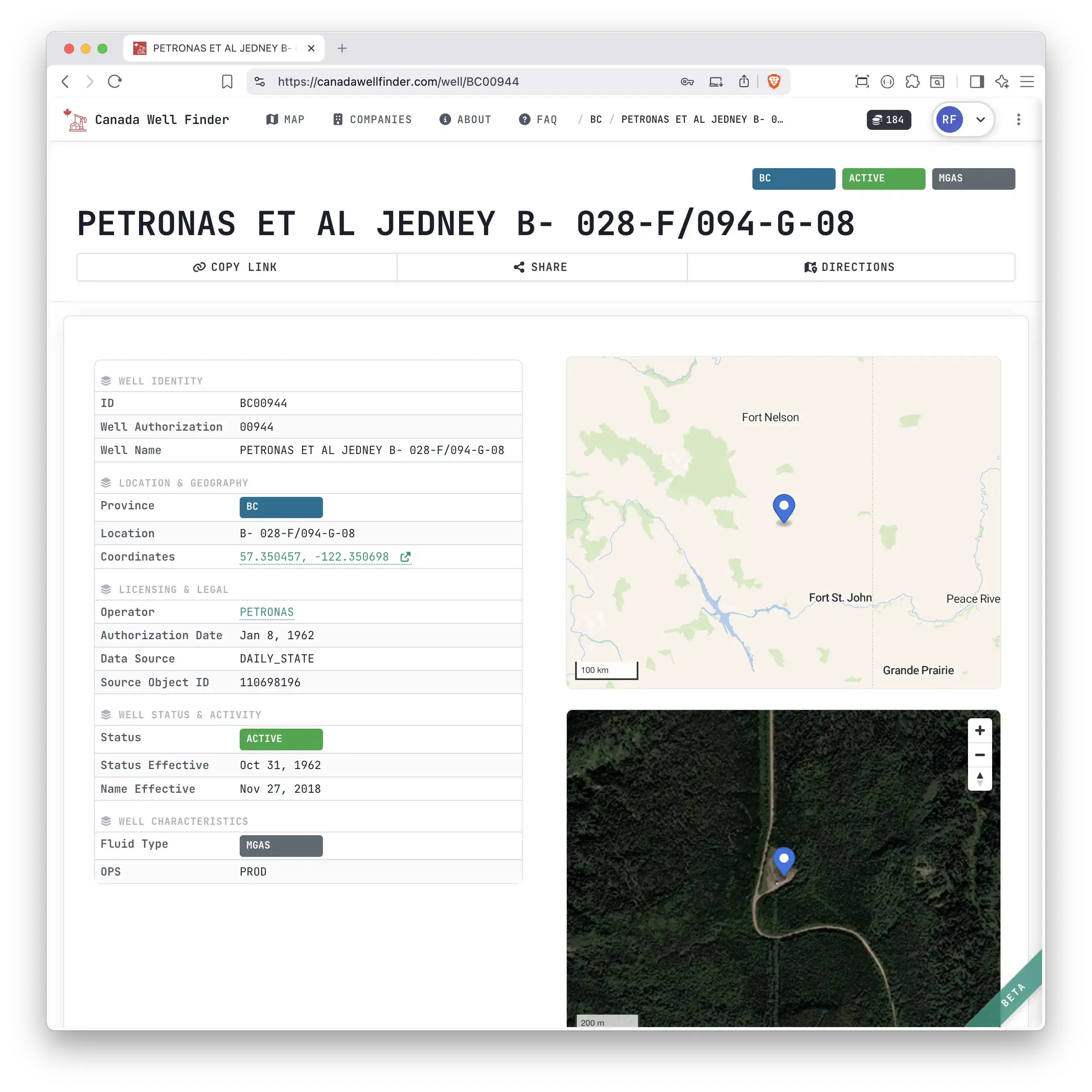 Company detail page showing well statistics and production charts