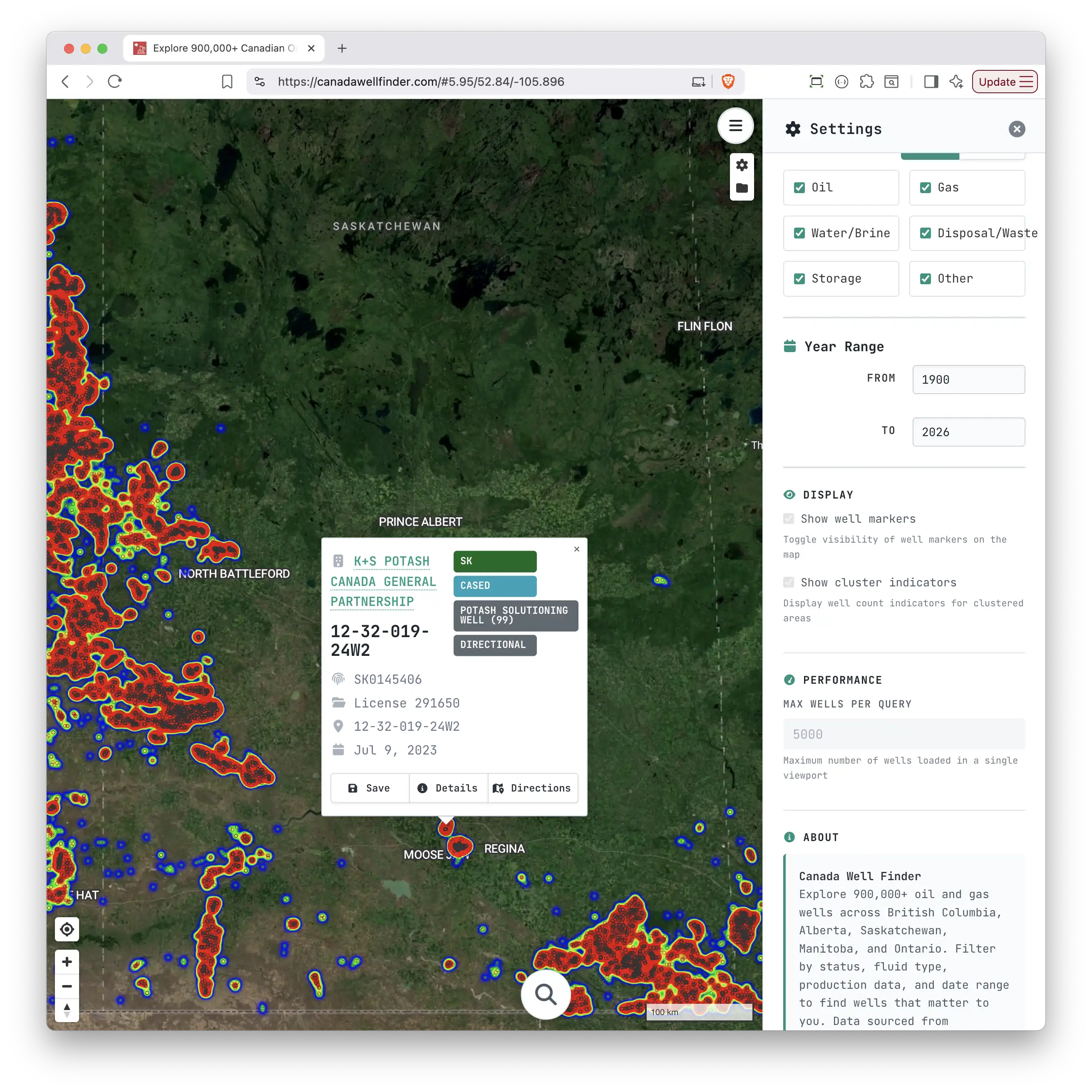 Canada Well Finder map interface showing wells across Western Canada