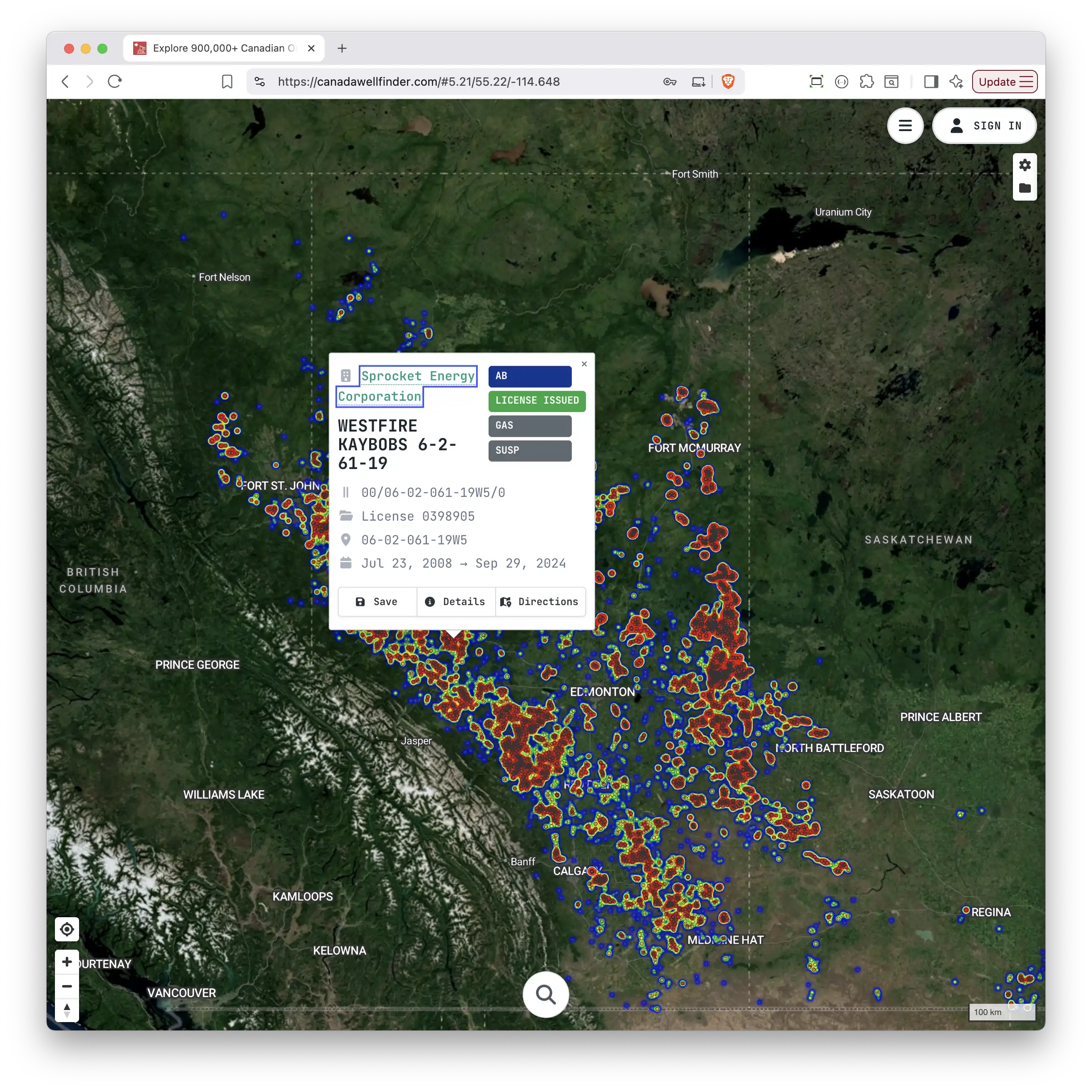 Canada Well Finder map interface showing wells across Western Canada