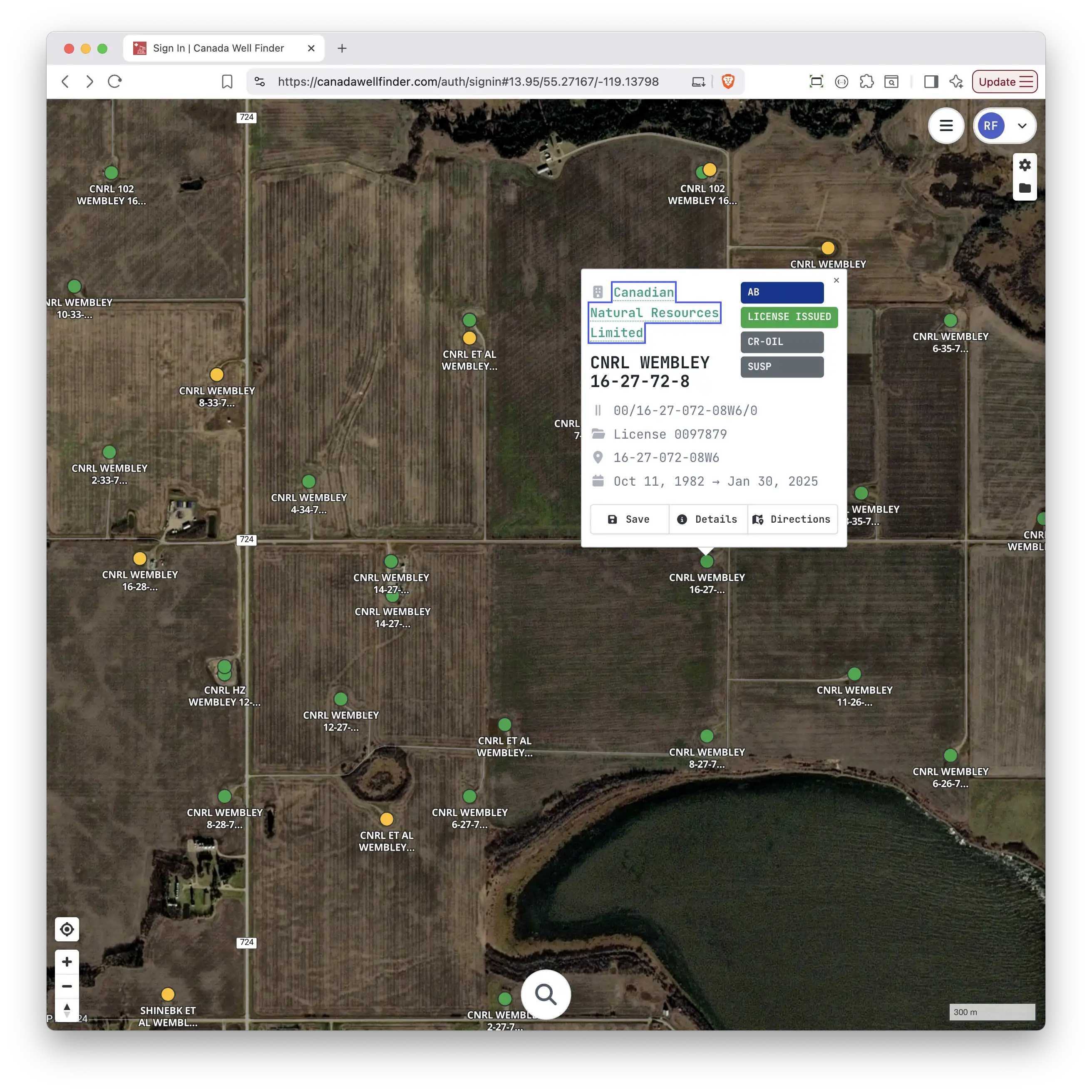 Canada Well Finder map interface showing wells across Western Canada