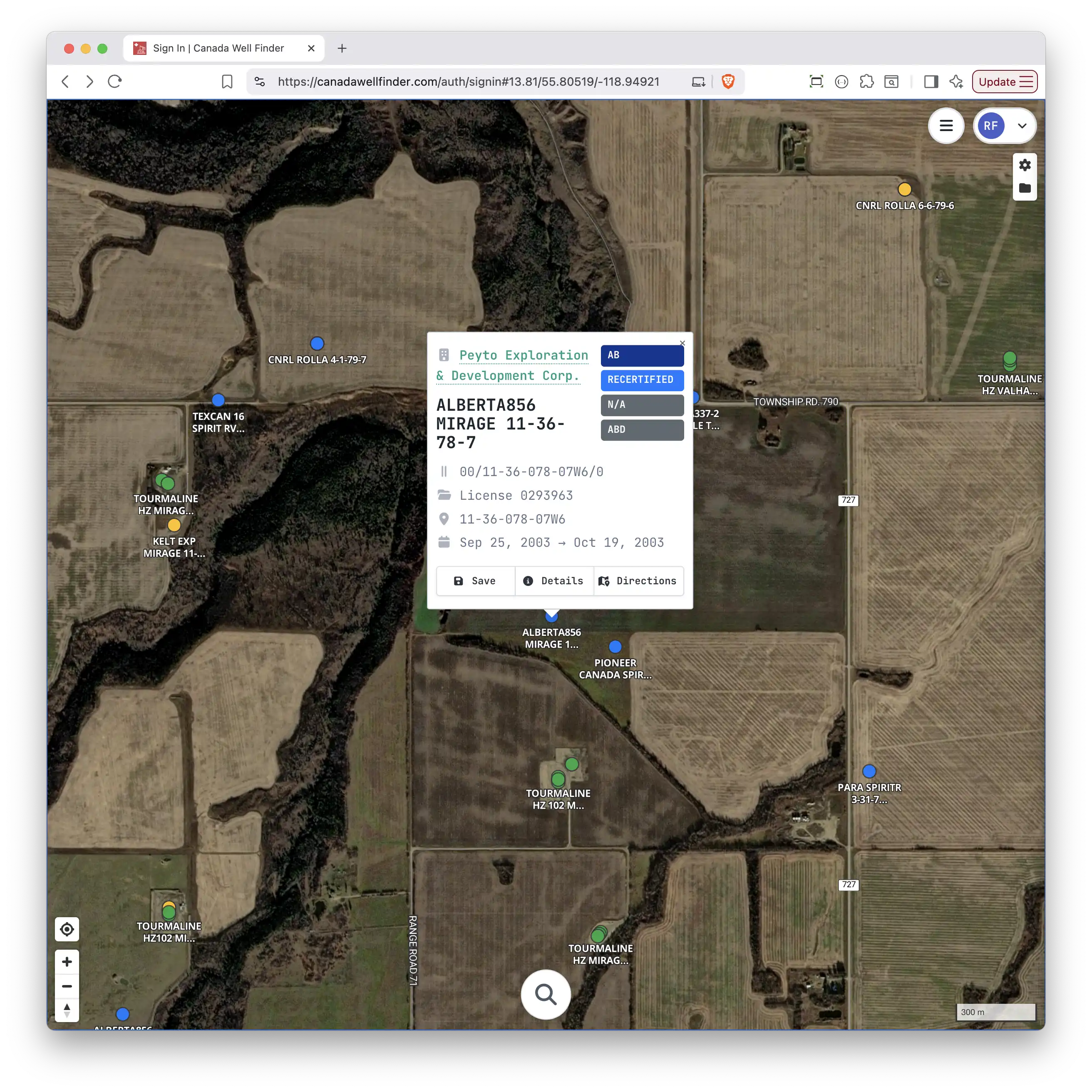 Canada Well Finder map interface showing wells across Western Canada