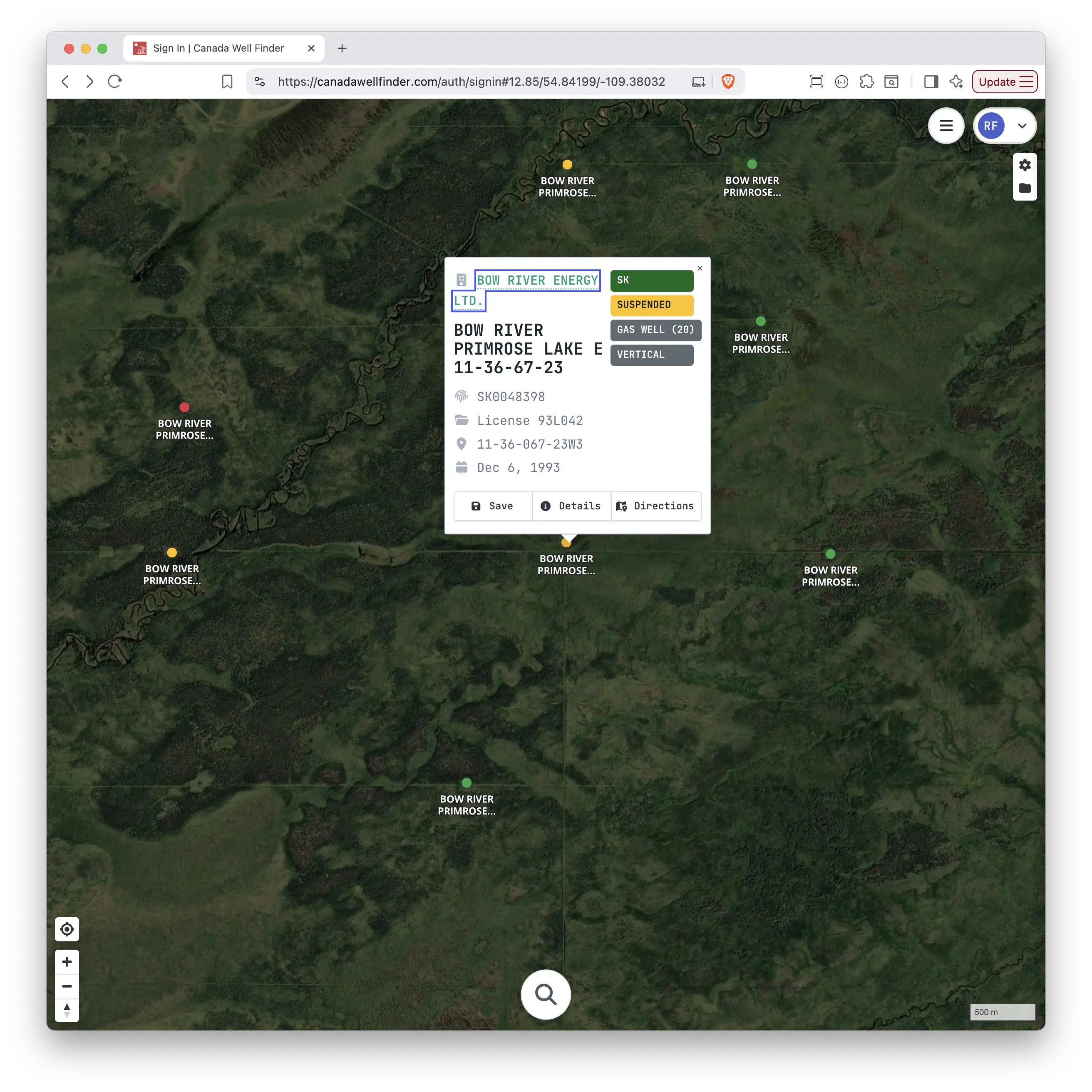 Canada Well Finder map interface showing wells across Western Canada