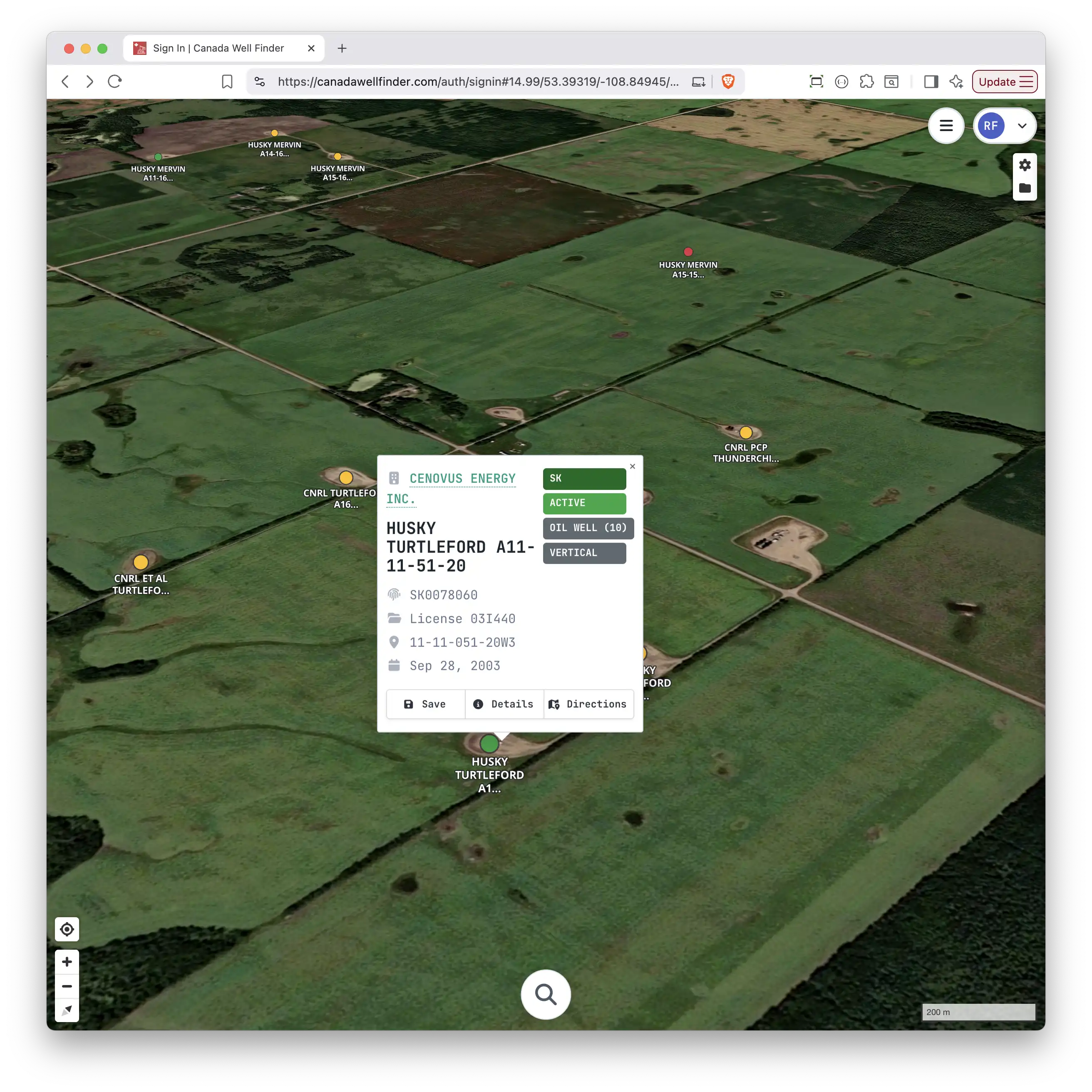 Canada Well Finder map interface showing wells across Western Canada