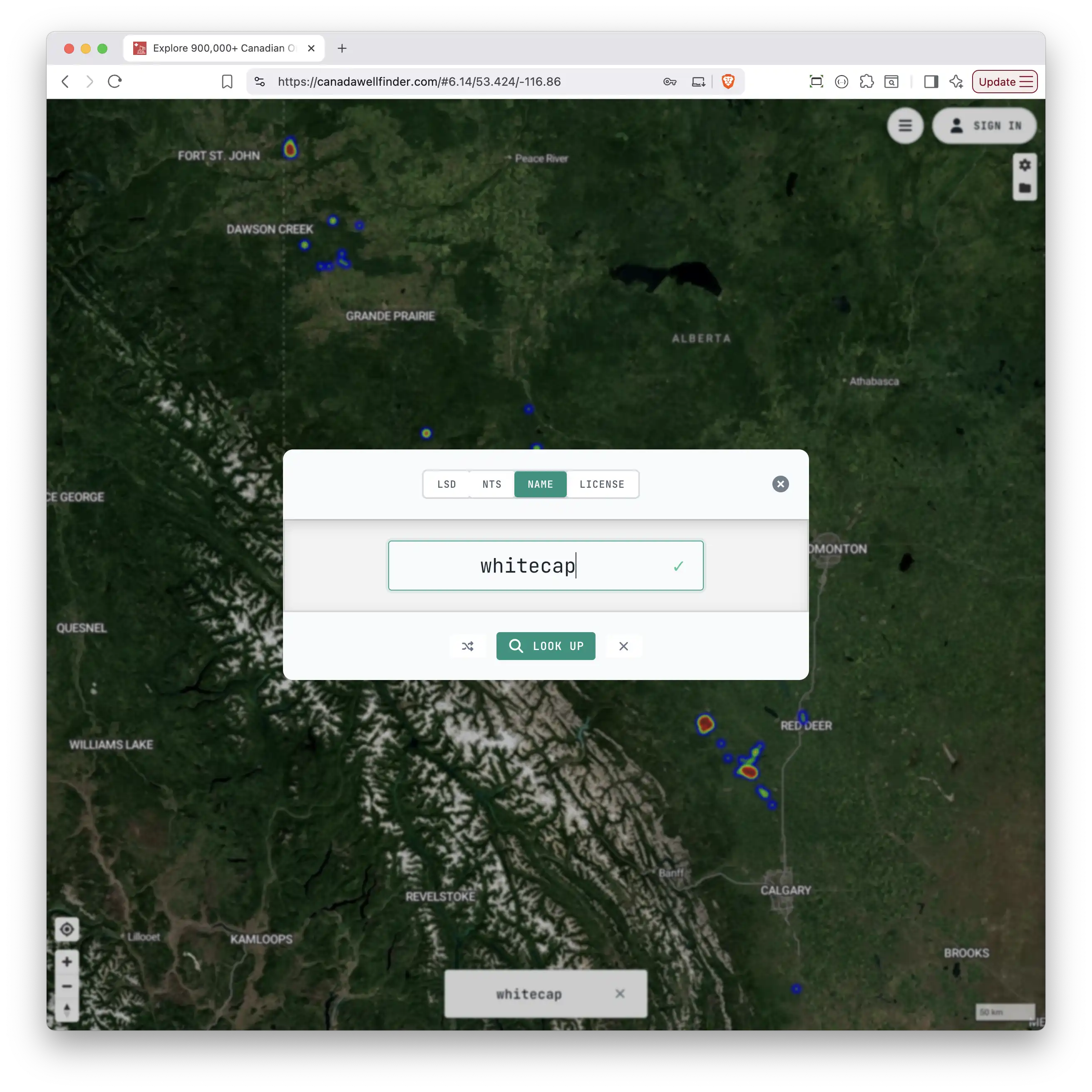 Search modal with LSD coordinate input and well results