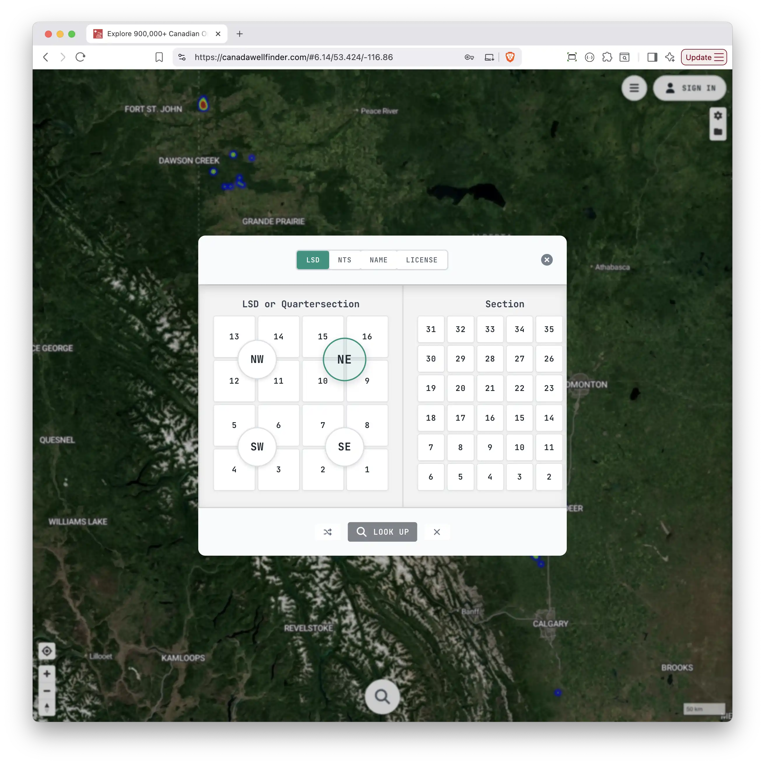 Search modal with LSD coordinate input and well results