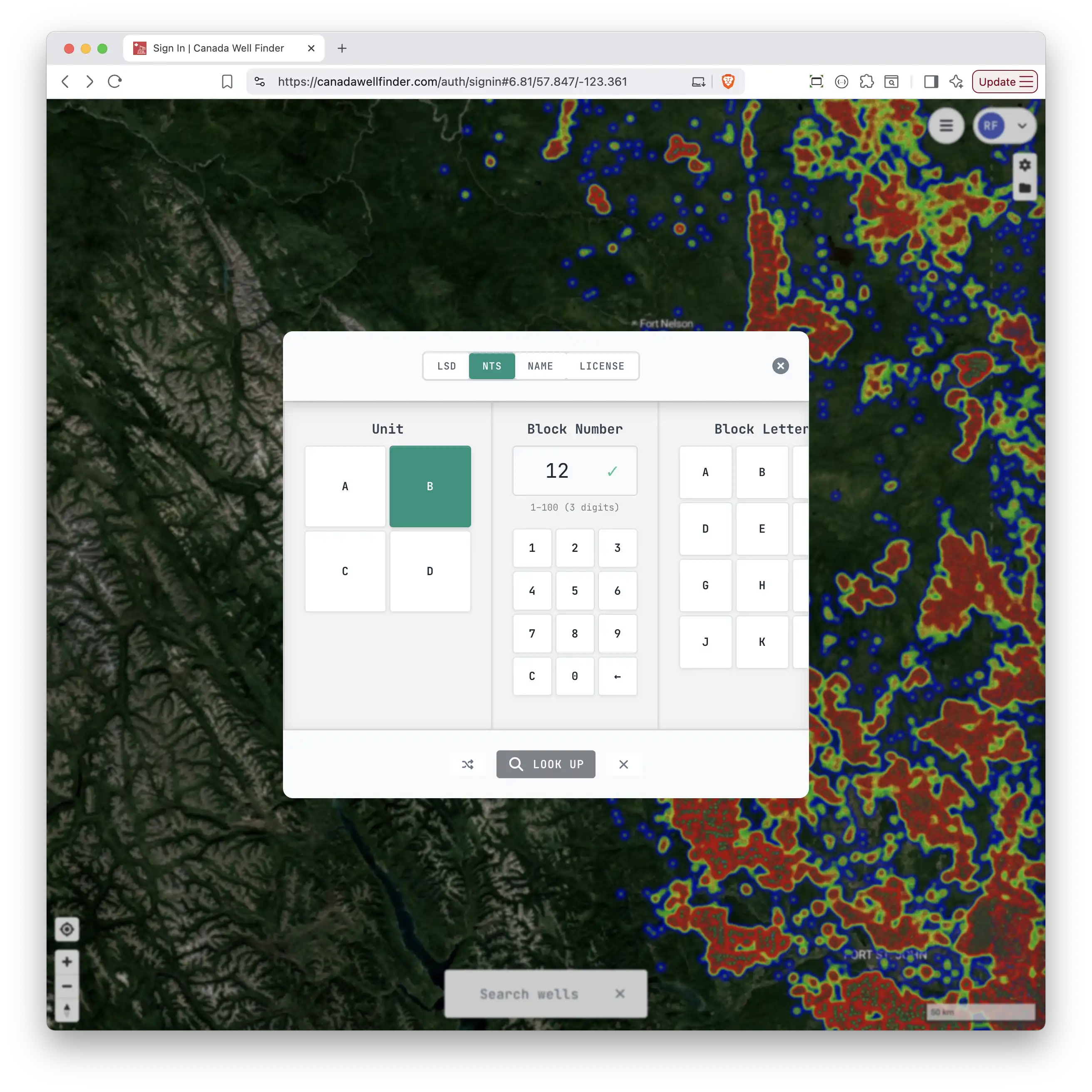 Search modal with LSD coordinate input and well results