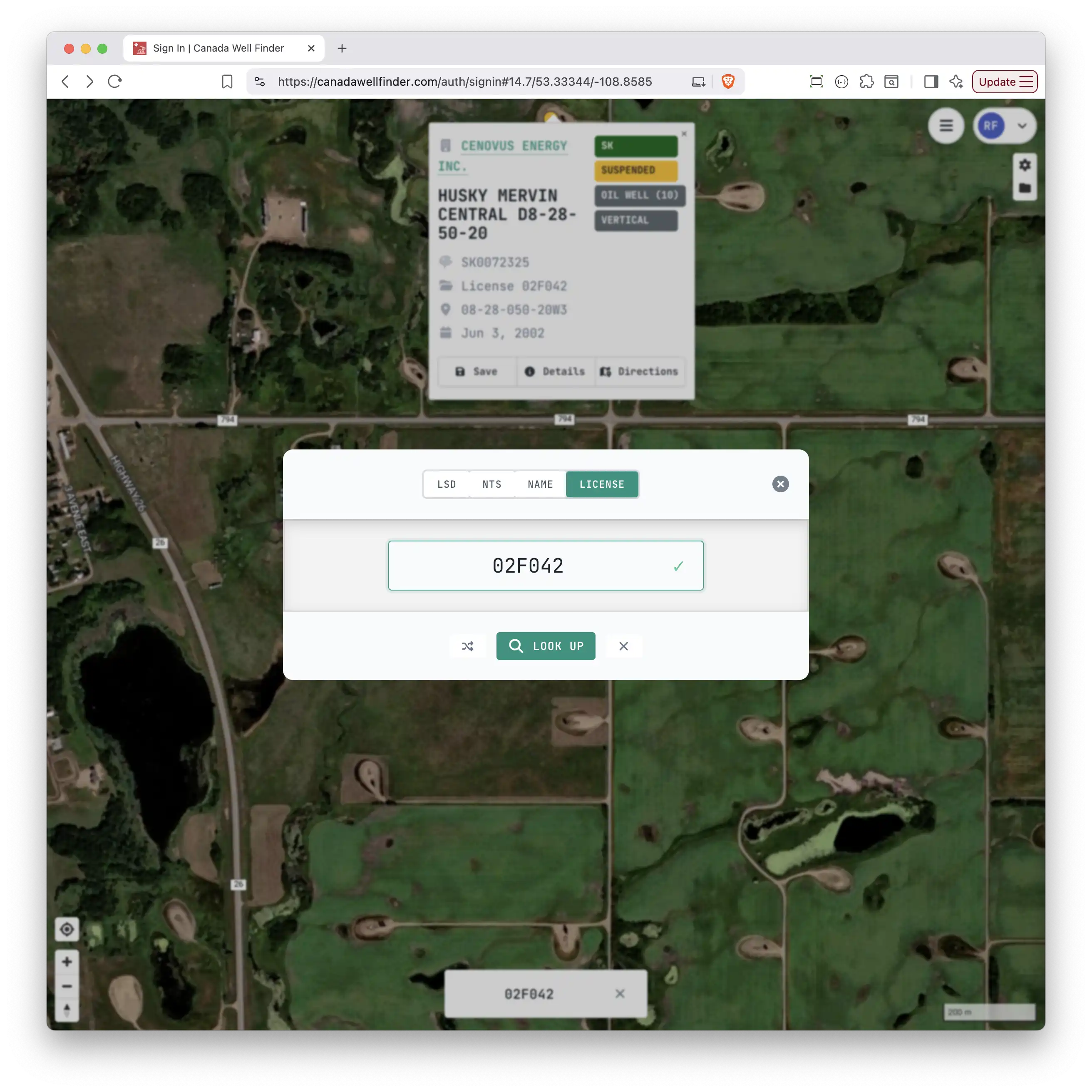 Search modal with LSD coordinate input and well results
