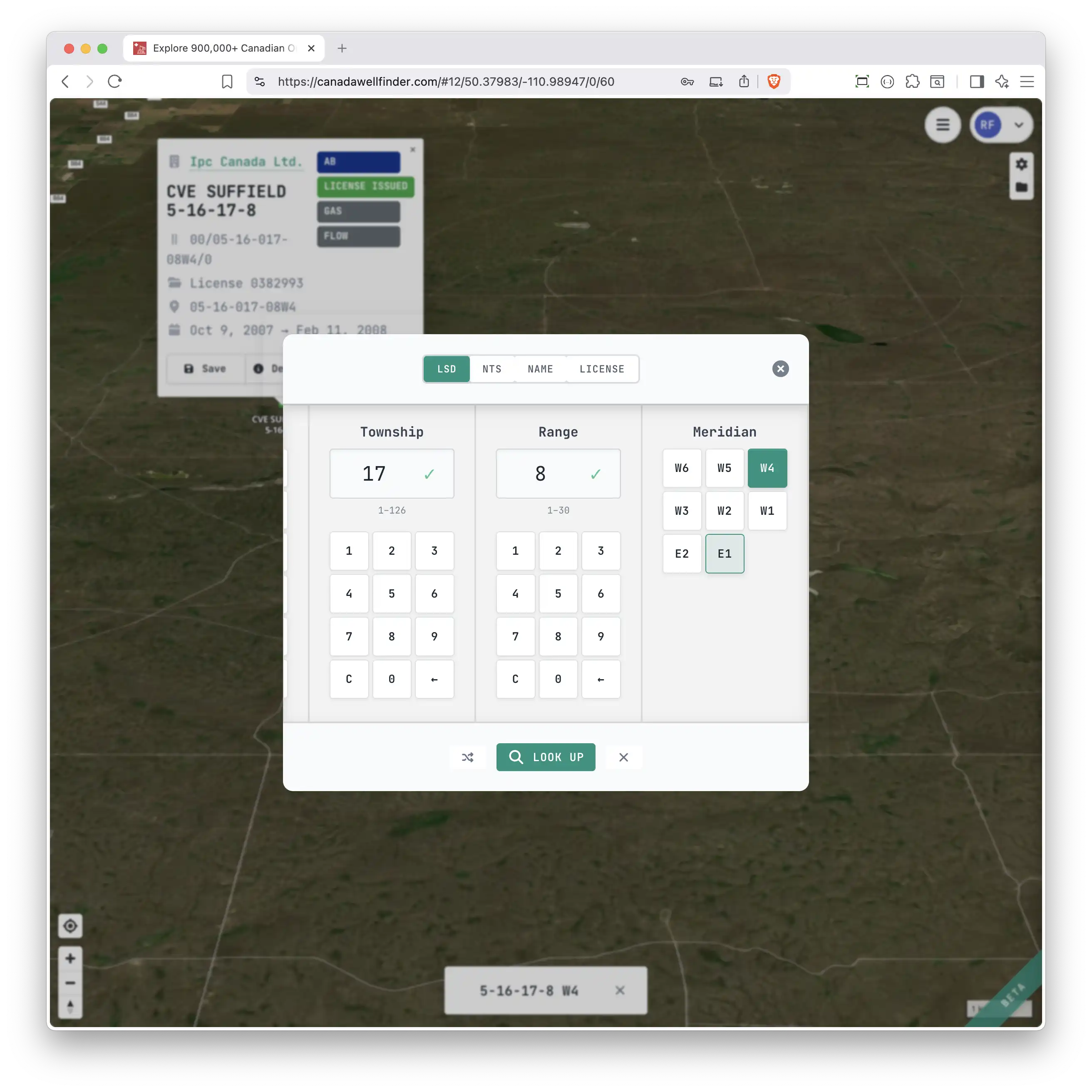 Search modal with LSD coordinate input and well results