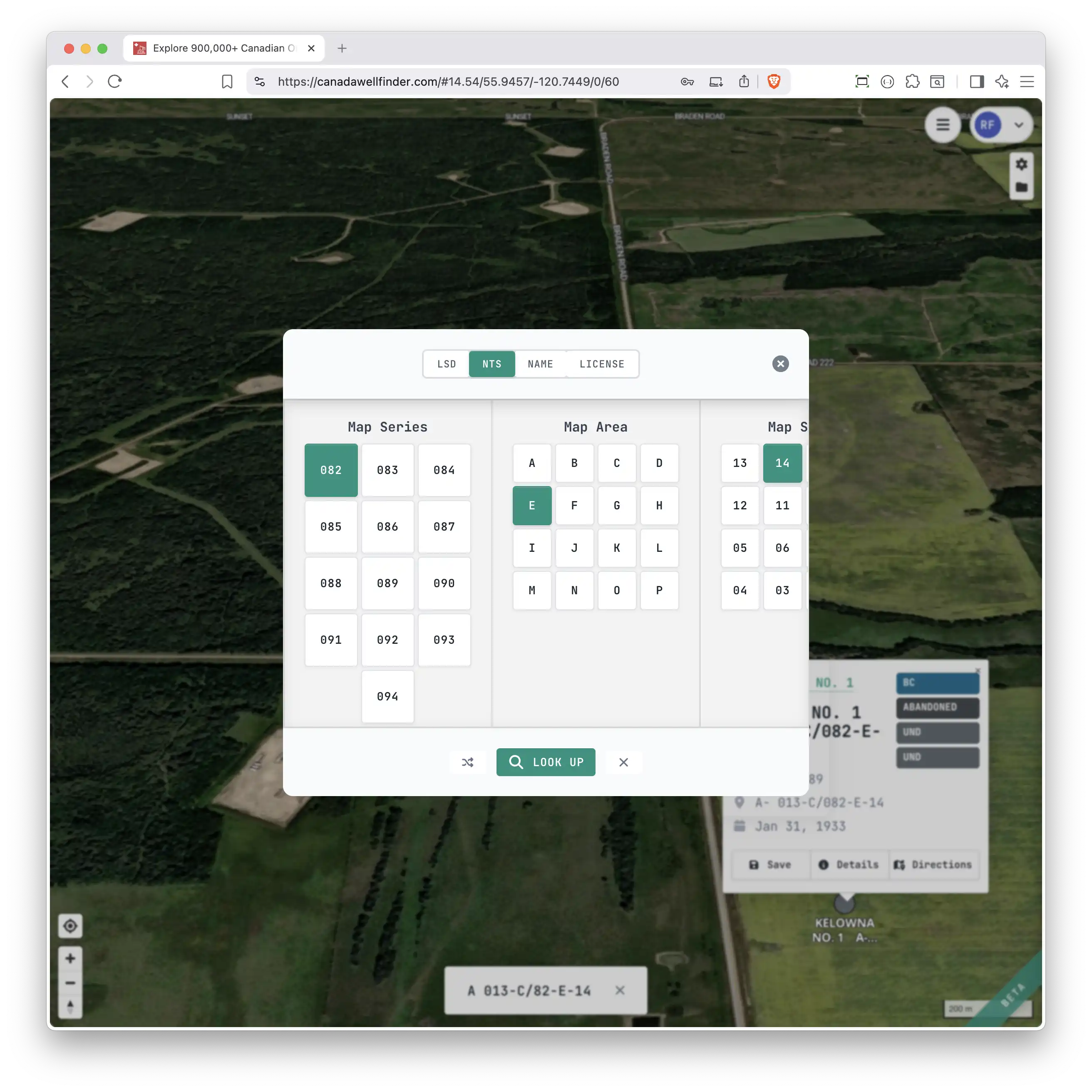 Search modal with LSD coordinate input and well results
